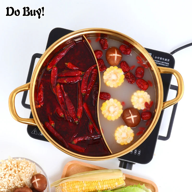 Chinese Hot Pot Cookware Hot Pot 2 In 1 Stainless Steel Gold Color Chongqing Meat Induction HotPots with Divider Cookware