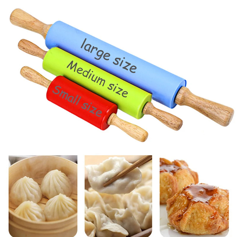 Silicone Rolling Pin Non-Stick Pastry Dough Flour Roller Wooden Handle Pizza Pasta Roller