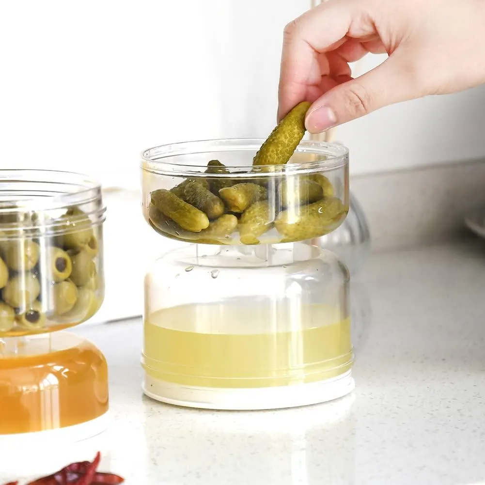 Pickle Olive Hourglass Jar Pickle Juice Wet and Dry Separator Food Container with Strainer Flip Airtight Lid