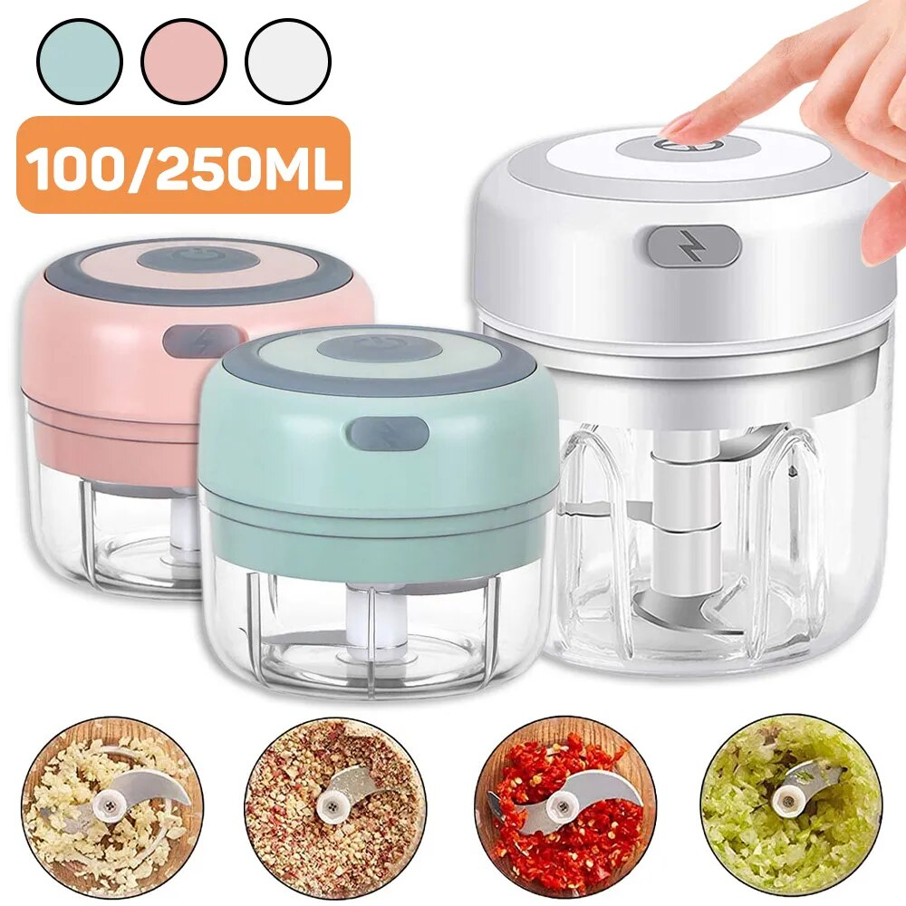 Efficient Mini Food Chopper with Strong Cutting Force, Easy Operation, Healthy & Safe Design, and USB Charging.