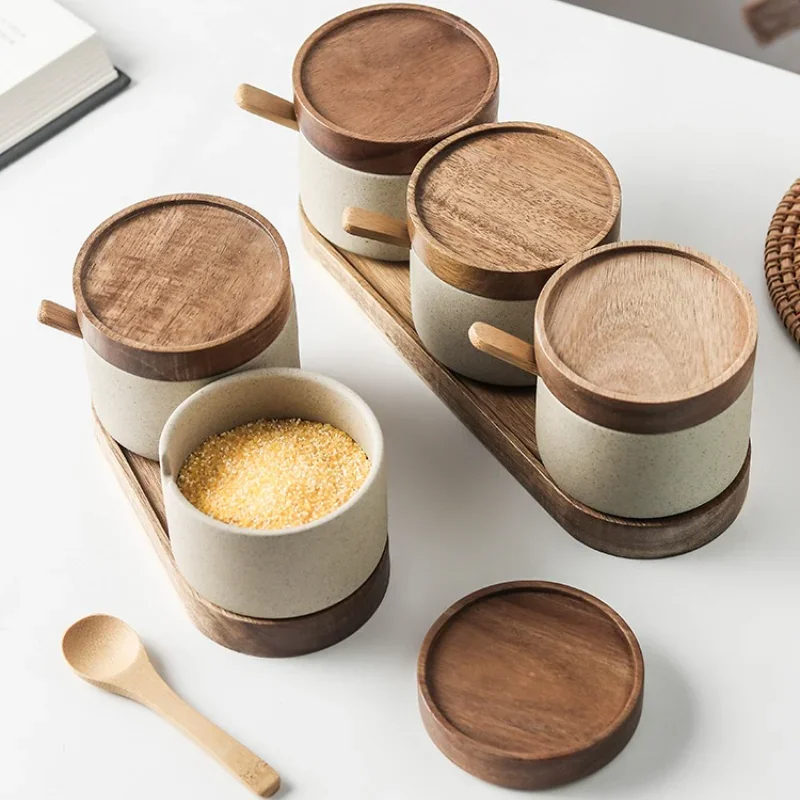 VEDEXA Ceramic Seasoning Jar Set with Wooden Lid - Perfect for Storing Salt, Pepper, and Other Spices